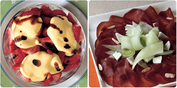 strawberries with zabaione and bresaola with cucumber, from cucina italiana