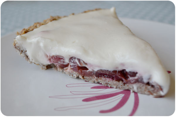 a slice of roasted cherry cottage cheesecake