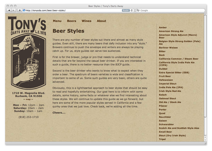 tony's darts away, beer styles library