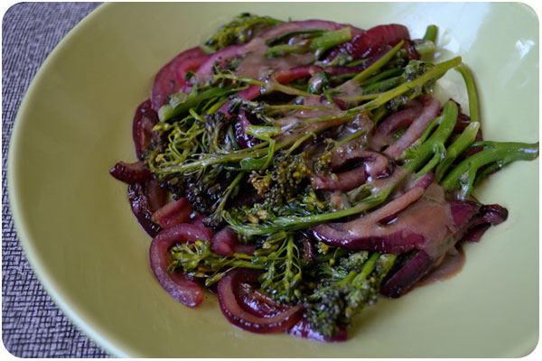 glazed sprouting broccoli & caramelized red onions
